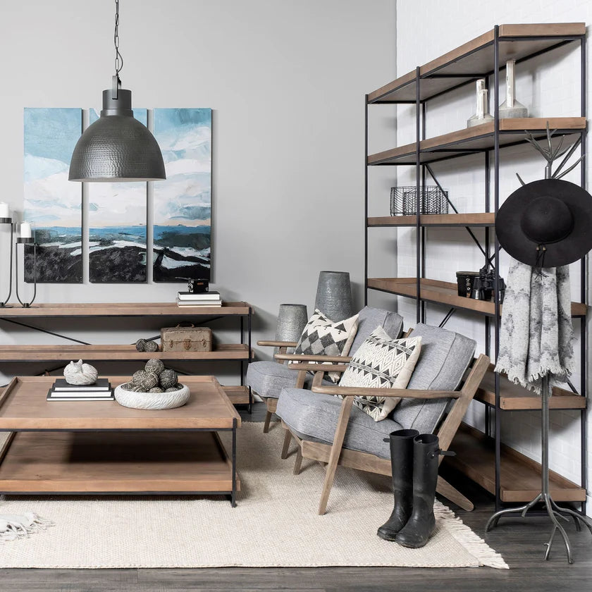 Perspective view of the Trey IV double-wide shelving unit featuring five tiers of medium brown wood trays on a slim black iron frame