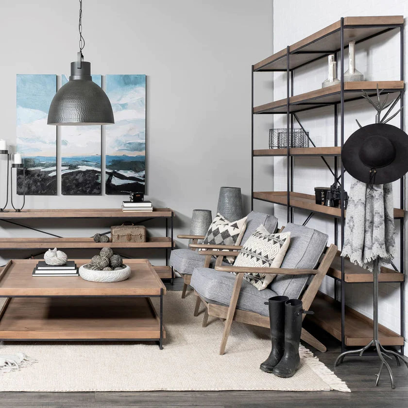 Perspective view of the Trey IV double-wide shelving unit featuring five tiers of rustic wood trays on a slim black metal frame