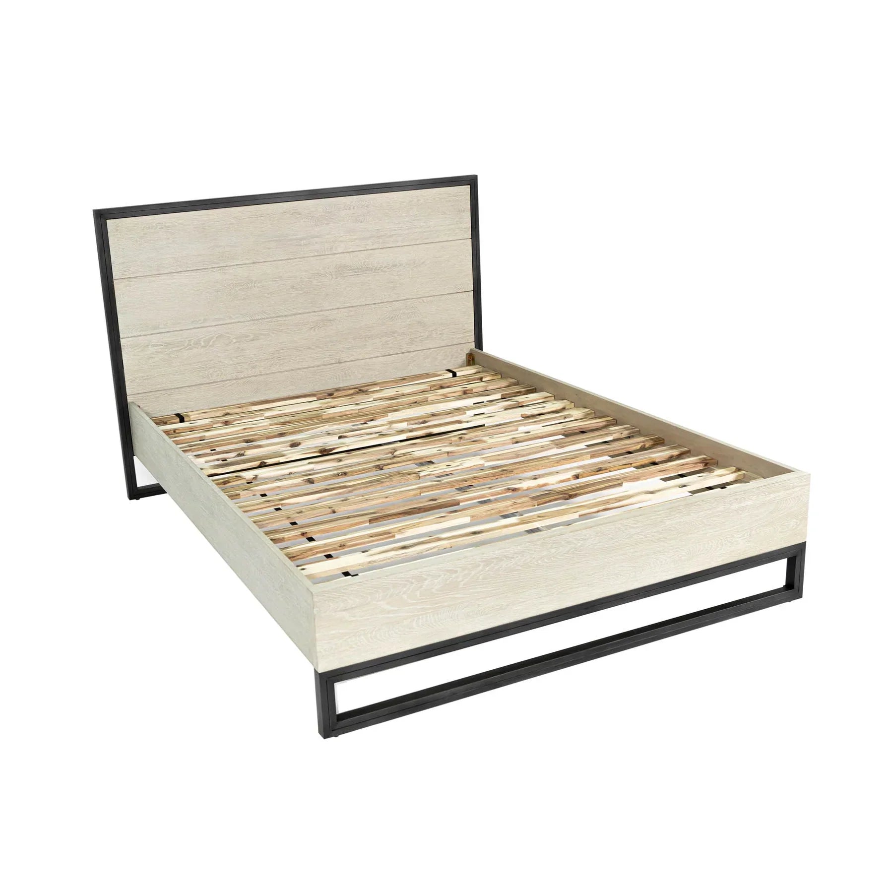 Front view of the Starlight queen platform bed featuring a light oak wood finish and a sturdy black steel architectural base