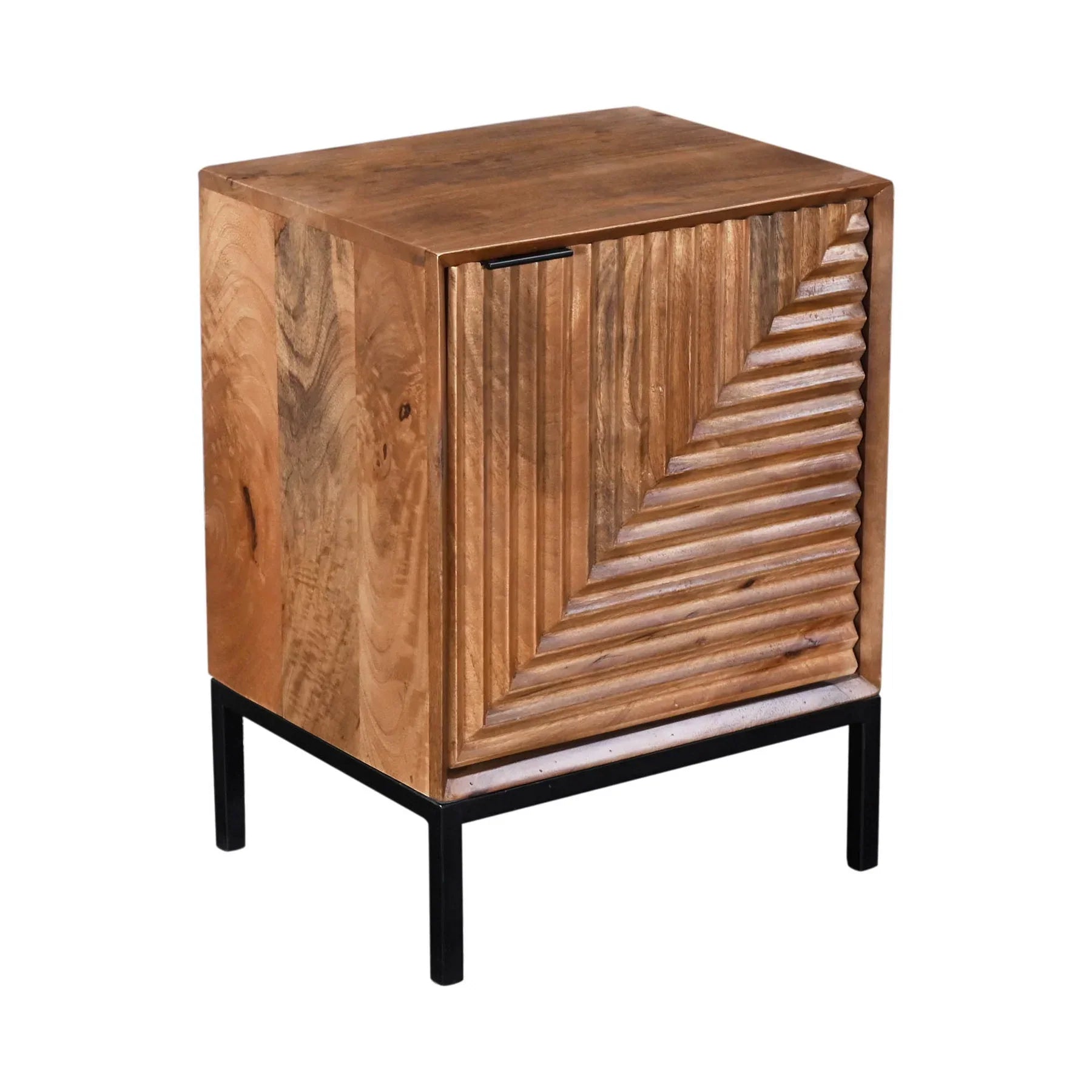 Front view of the Nikita nightstand featuring a geometric hand-carved wood door design and a minimalist black metal frame base