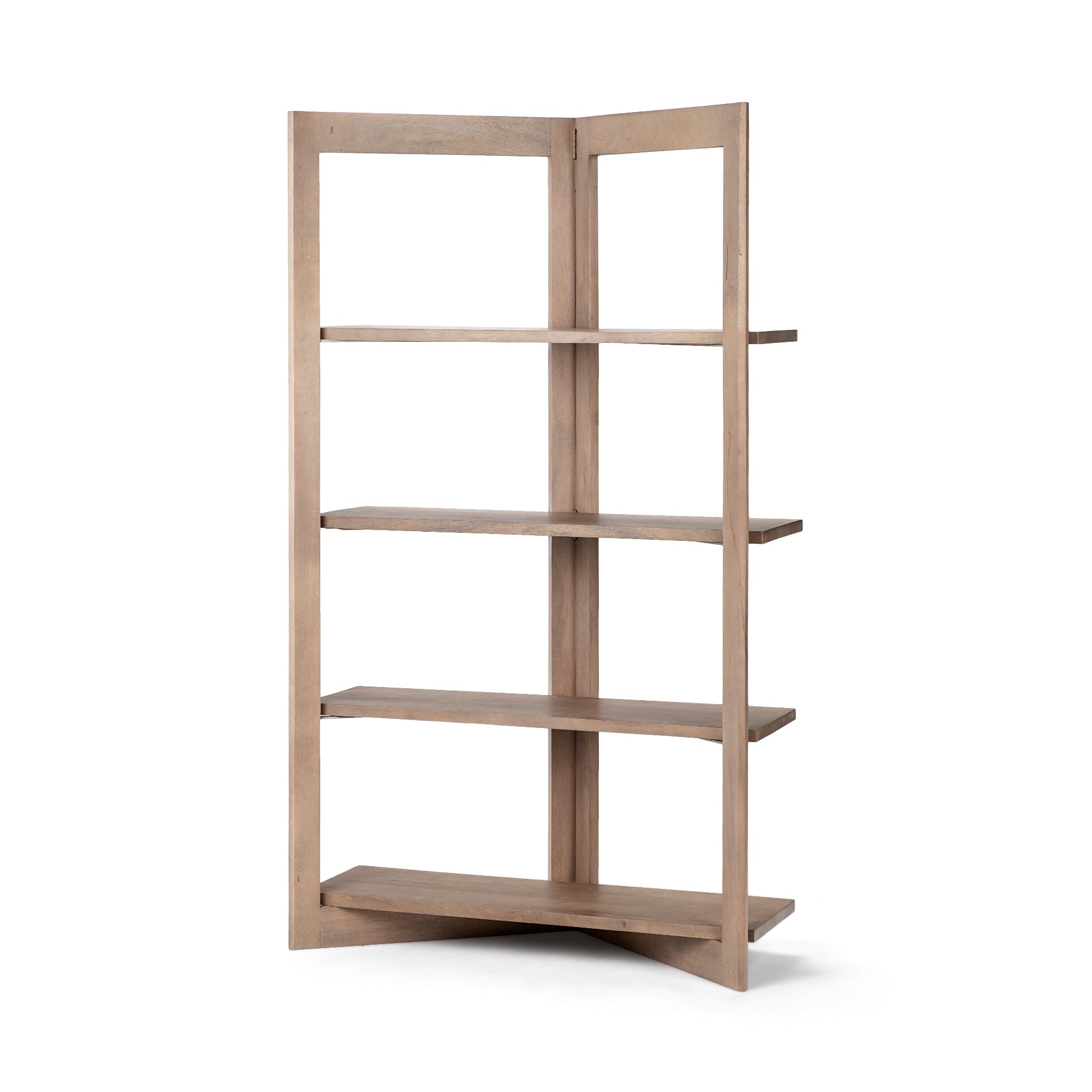 Straight-on front view of the Turnbull I shelving unit in light brown wood featuring a unique V-shaped open frame and four fixed shelves