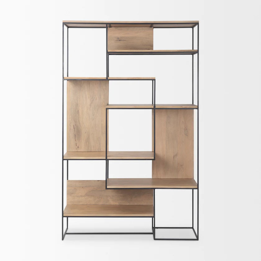 Perspective view of the Morris 6-tier shelving unit featuring a black metal frame and light brown wood shelves in an asymmetrical layout