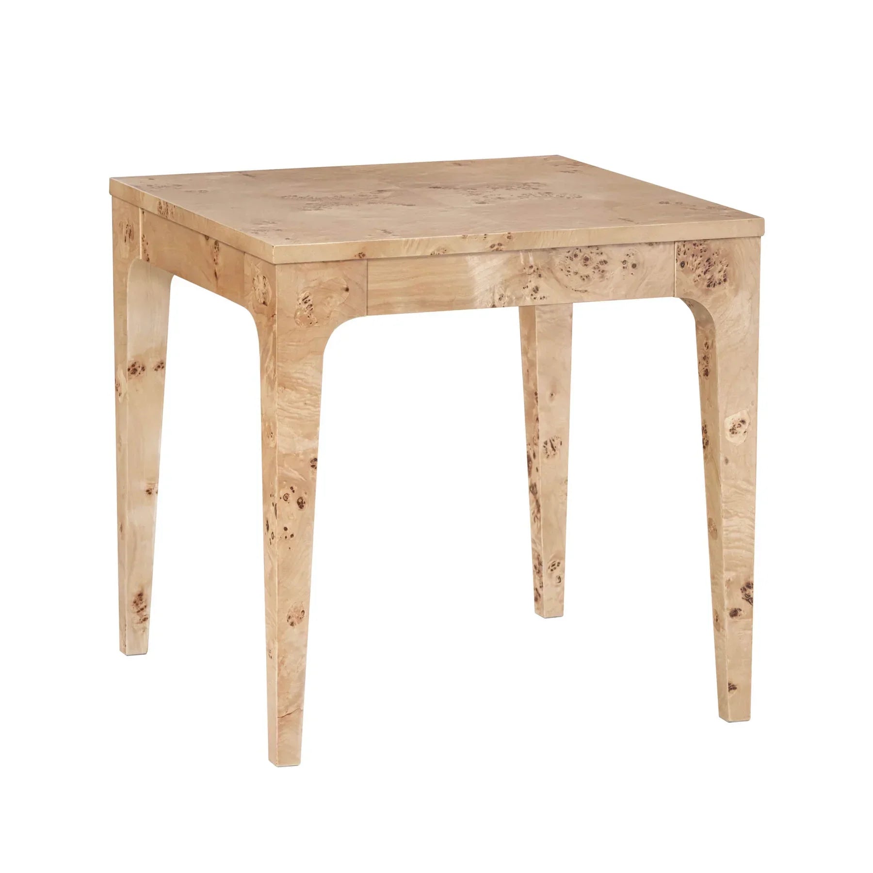 Three-quarter perspective shot highlighting the seamless waterfall edges and tapered legs of the light burl wood side table