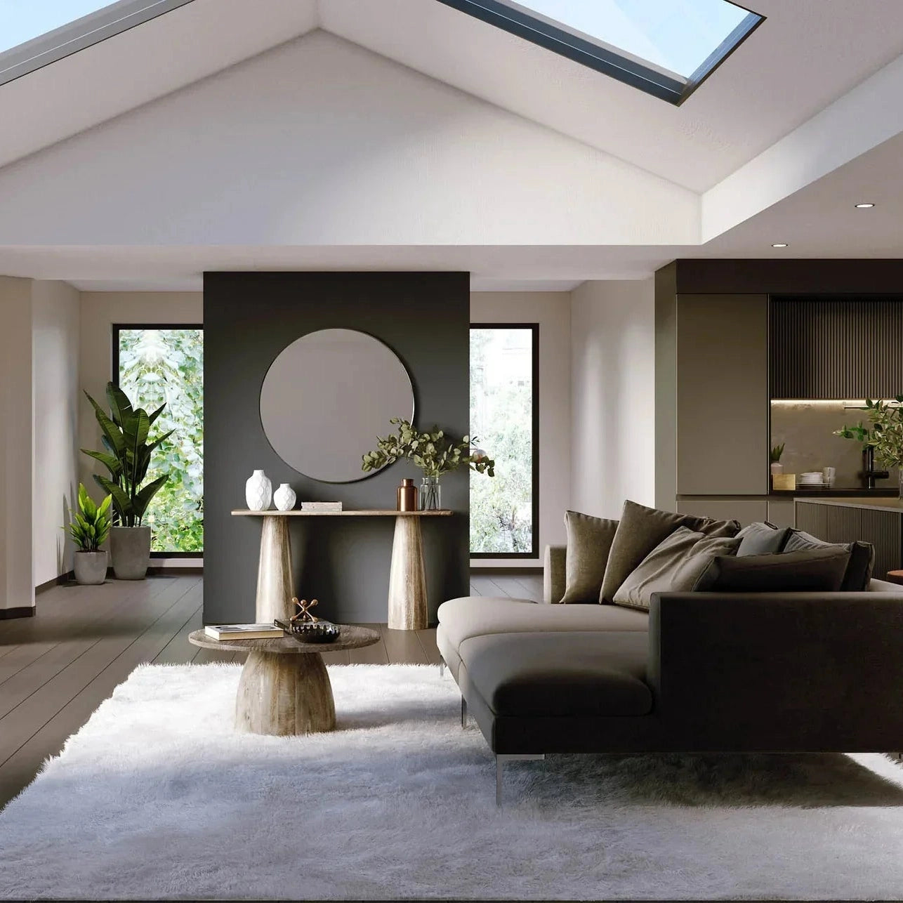 Front view of the Truffle console table in natural light mango wood featuring two large architectural pillar-style legs