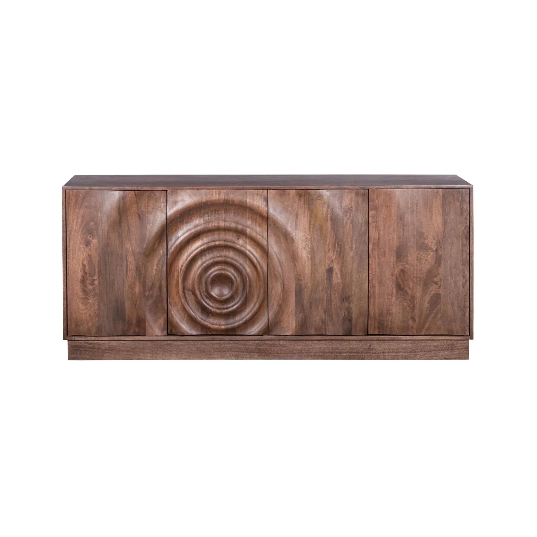 Three-quarter perspective view of the Caracol sideboard featuring a rich natural mango wood finish and a large hand-carved concentric circle design across four doors