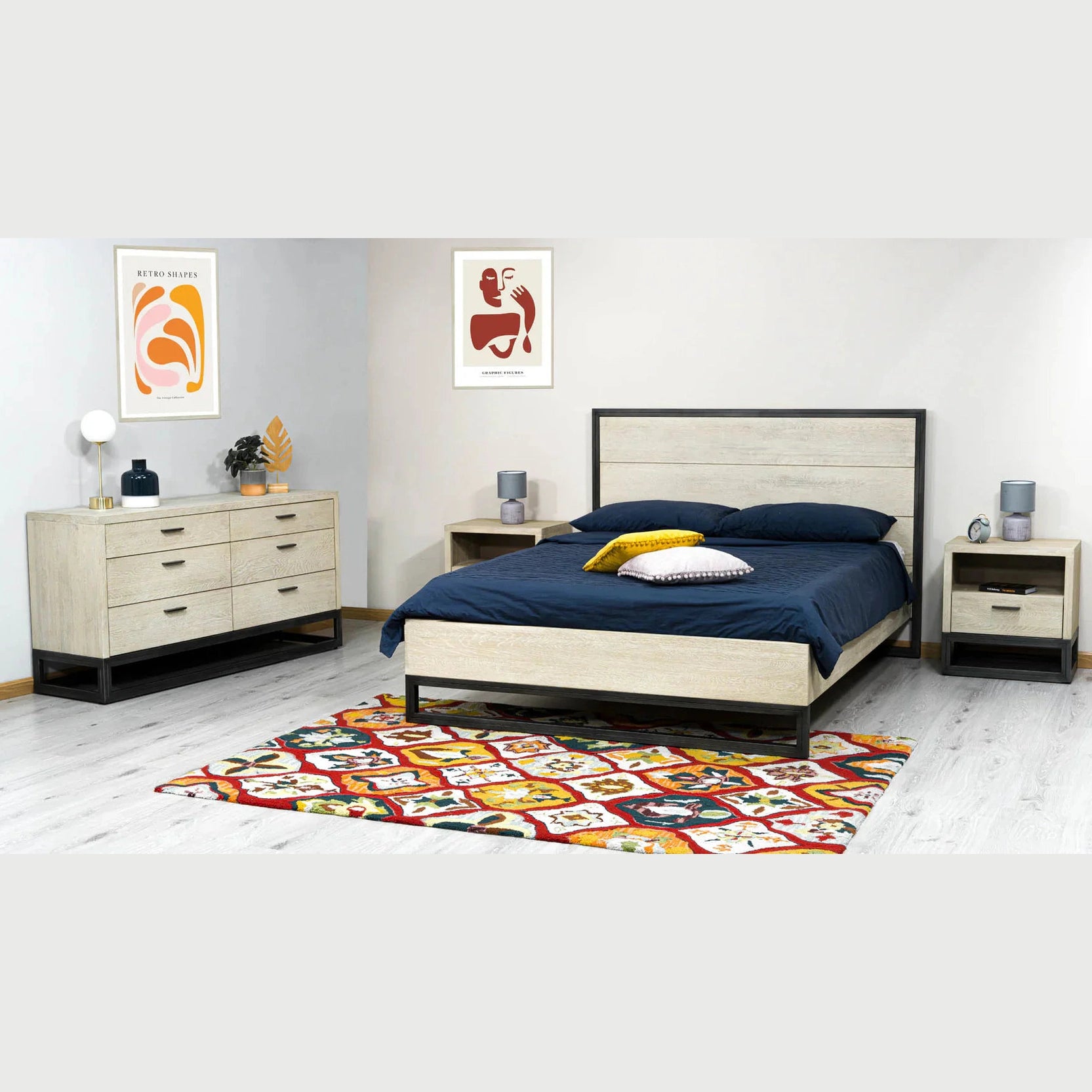 Front view of the Starlight queen platform bed featuring a light oak wood finish and a sturdy black steel architectural base