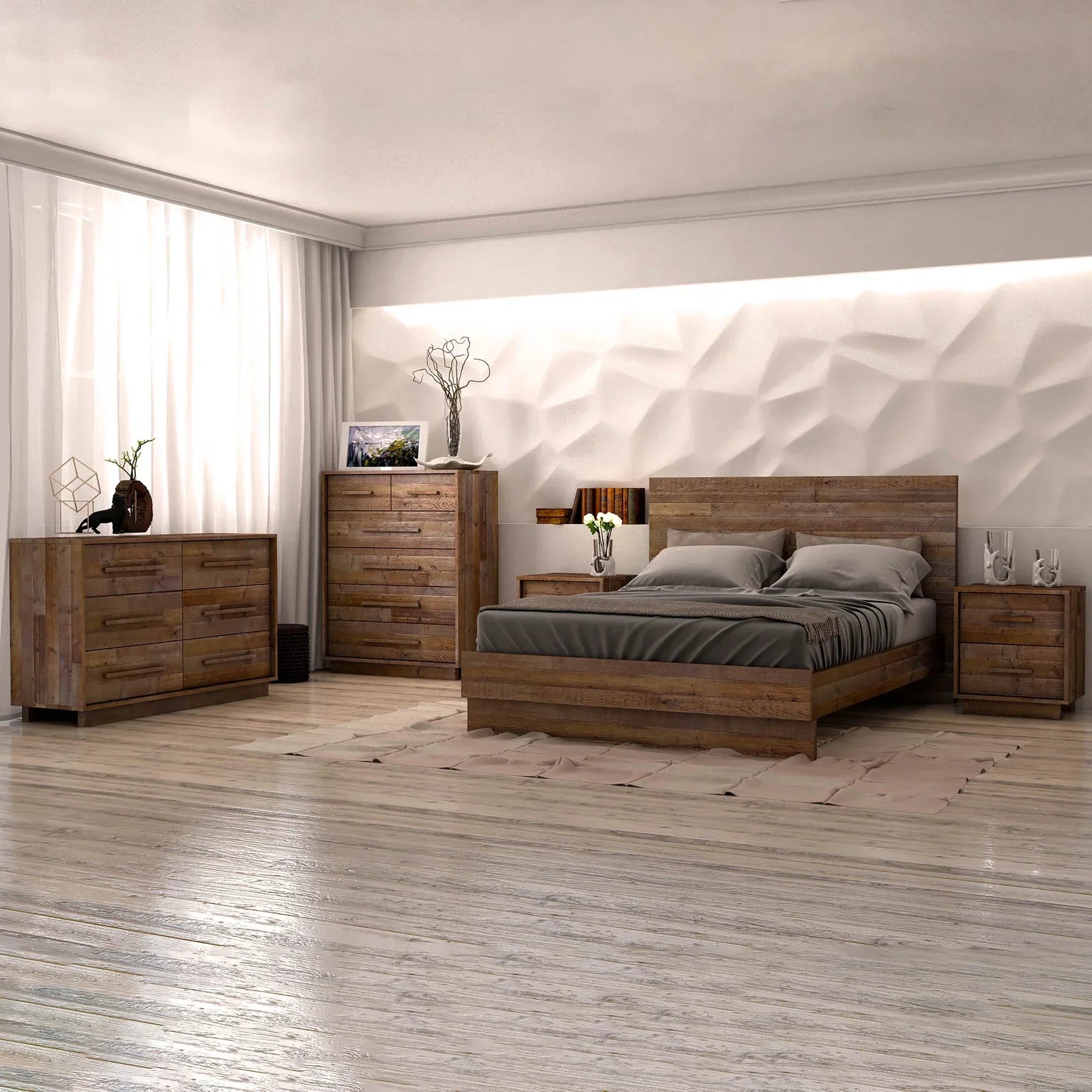 Wide lifestyle shot featuring the Nevada bed styled in a bright bedroom with a 3D textured wall