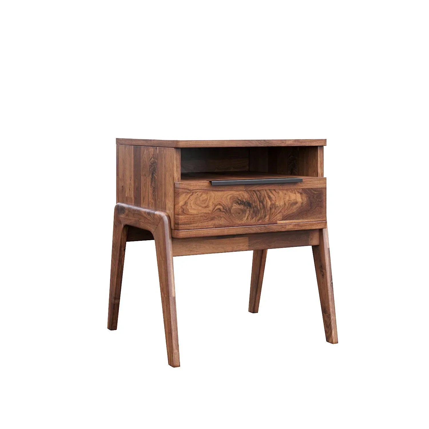 Front view of the Remix nightstand featuring a rich walnut finish, a single drawer with a slim black handle, and an open upper storage shelf