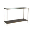 Three-quarter perspective view highlighting the clean architectural lines and narrow rectangular footprint of the bronze console table