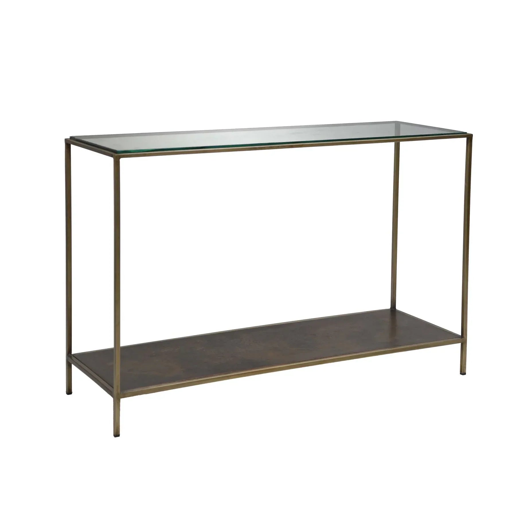 Front view of the Venus console table featuring a tempered glass top, a slim bronze-finished metal frame, and a matching lower storage shelf