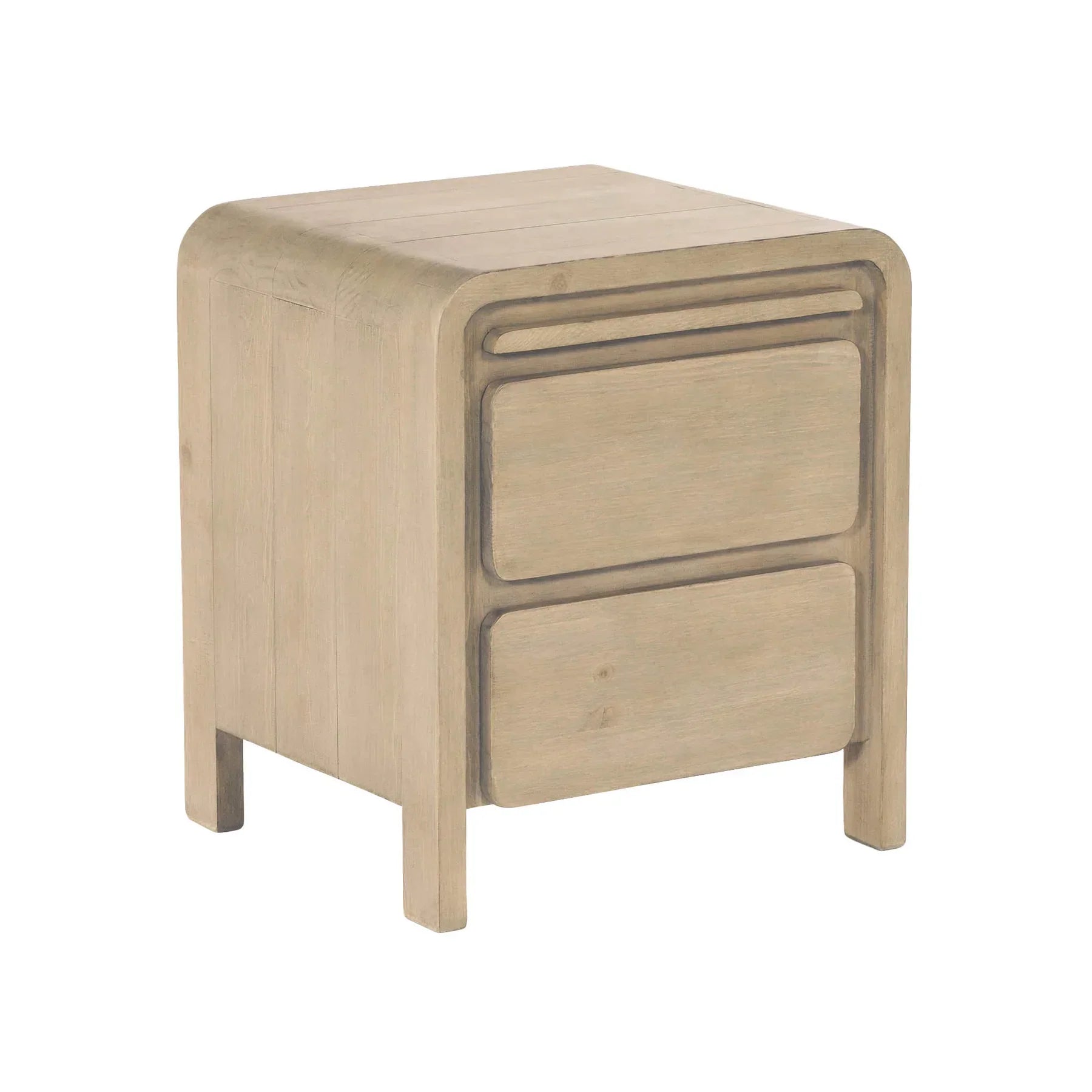 Front view of the Opera nightstand in a sand oak finish featuring unique rounded architectural edges and two spacious storage drawers