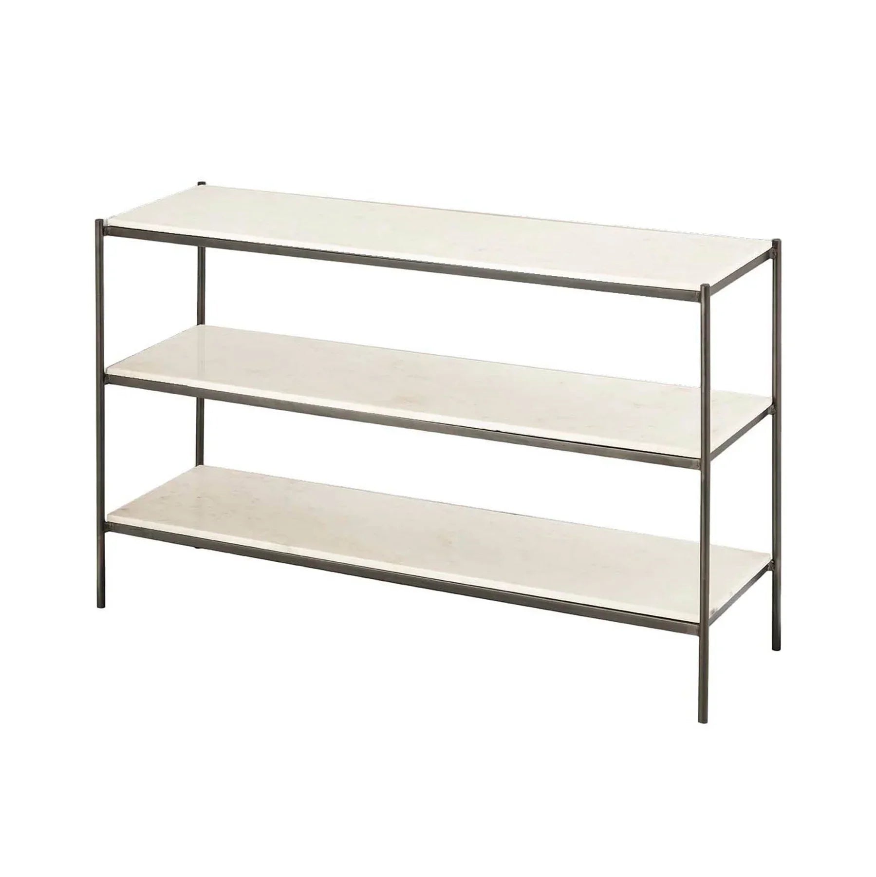 Front view of the Maya console table featuring a thick rectangular tabletop and two substantial block legs in a warm natural wood finish