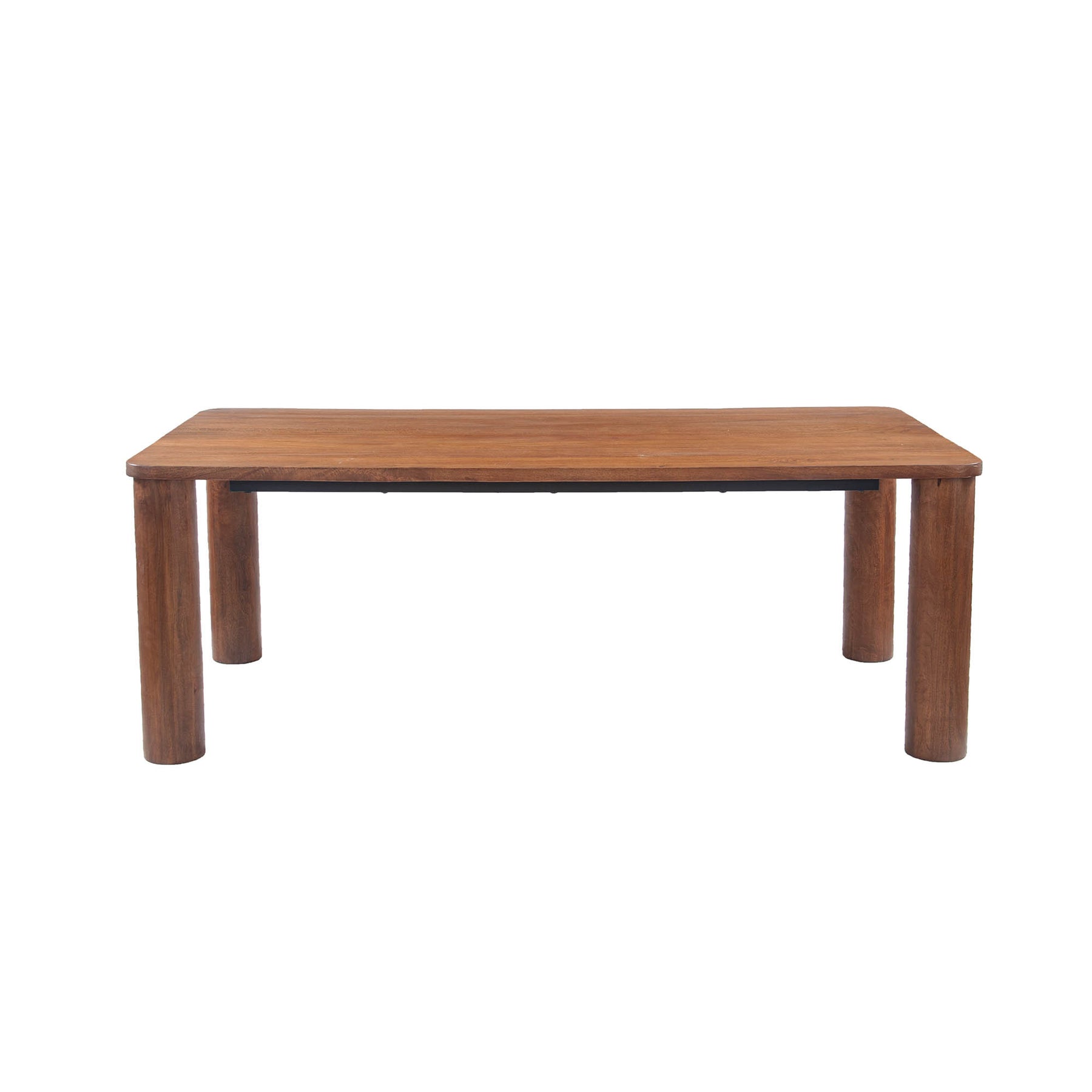 Straight-on front view highlighting the clean architectural lines and smooth rectangular top of the Evolution dining table