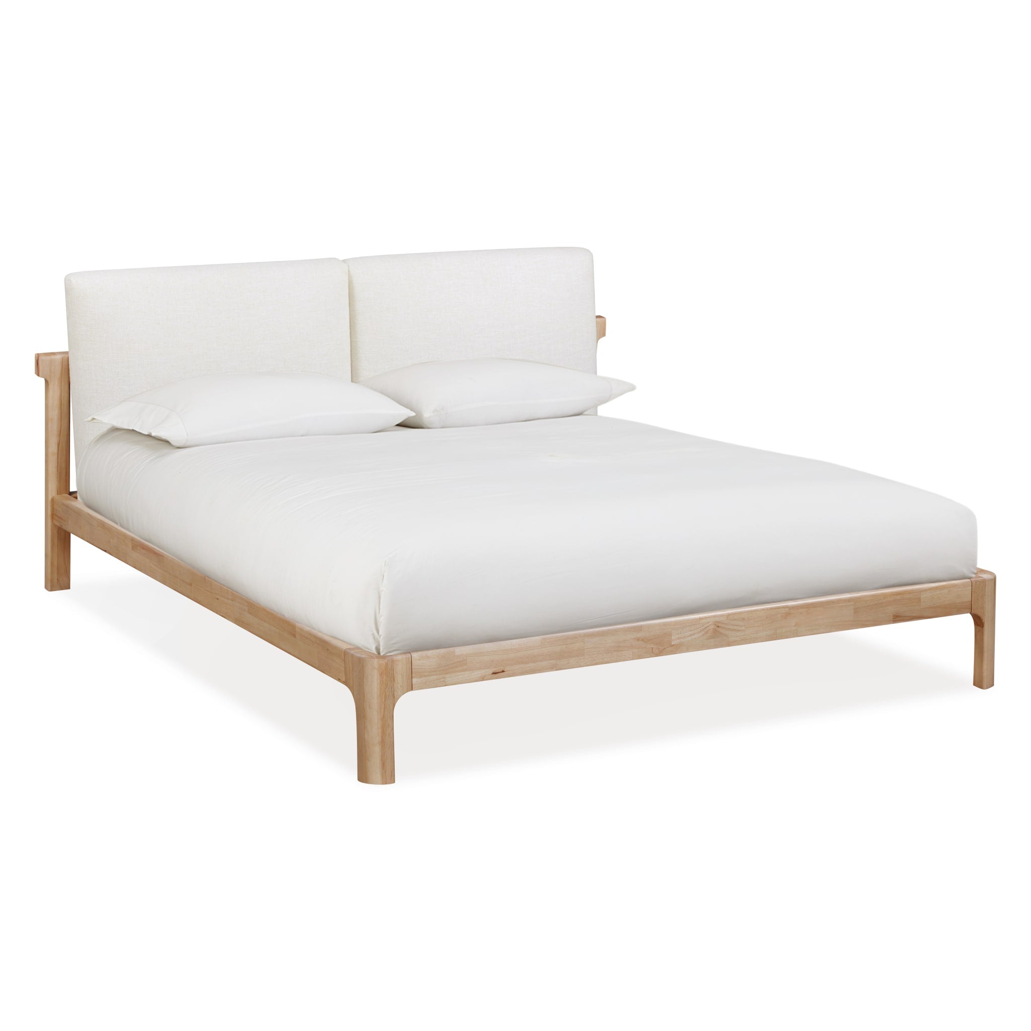 Front view of the Havn platform bed featuring a ginger-finished ash wood frame and a two-cushion natural linen headboard