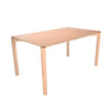 Three-quarter perspective view showcasing the contemporary tapered leg design and warm wood tones of the Linus table