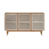 Three-quarter perspective view highlighting the warm natural finish and clean architectural lines of the 3-door cane sideboard