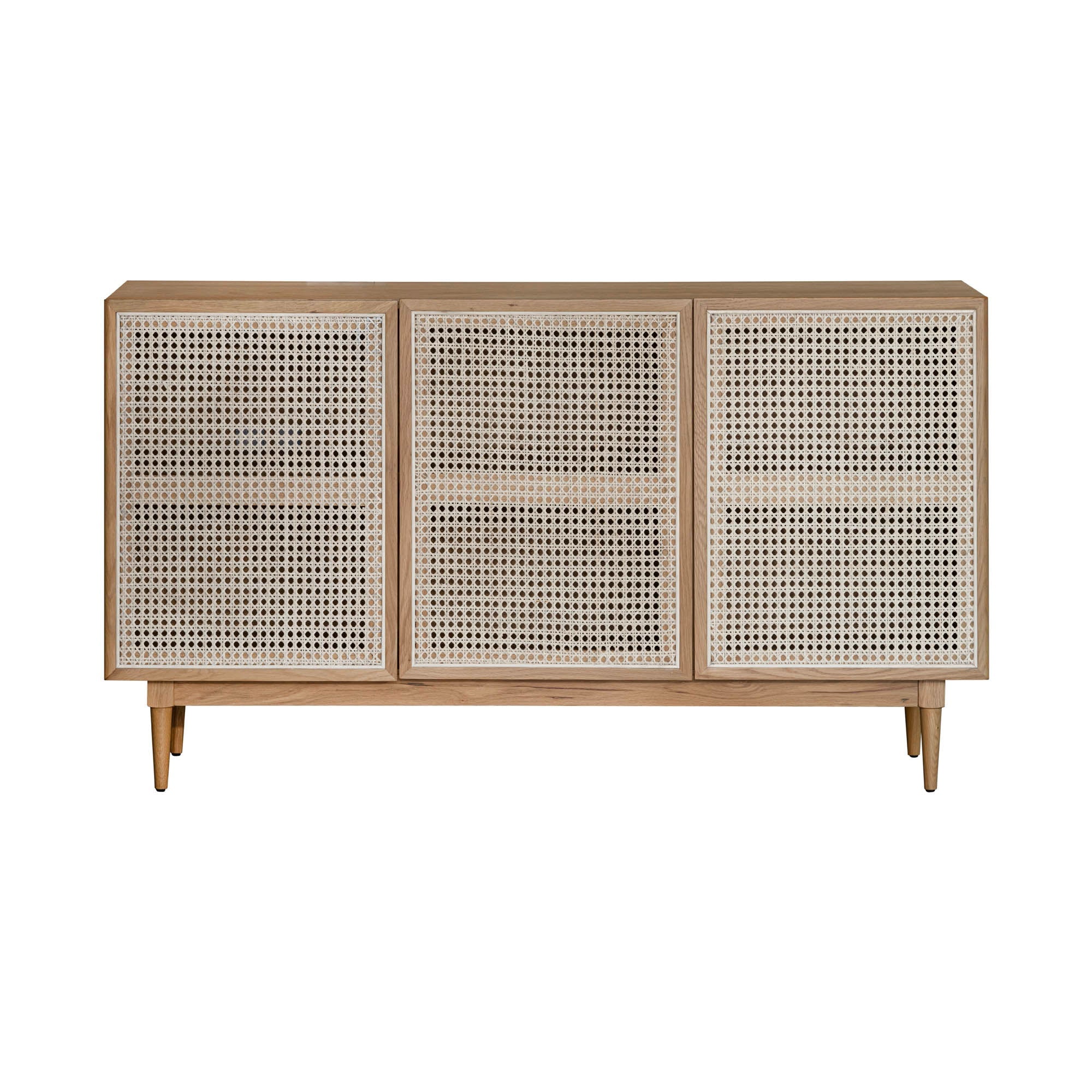 Straight-on front view of the Cane sideboard featuring a light natural oak frame and three woven rattan door panels