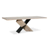 Three-quarter perspective view highlighting the unique architectural base design and the clean lines of the rectangular natural oak top