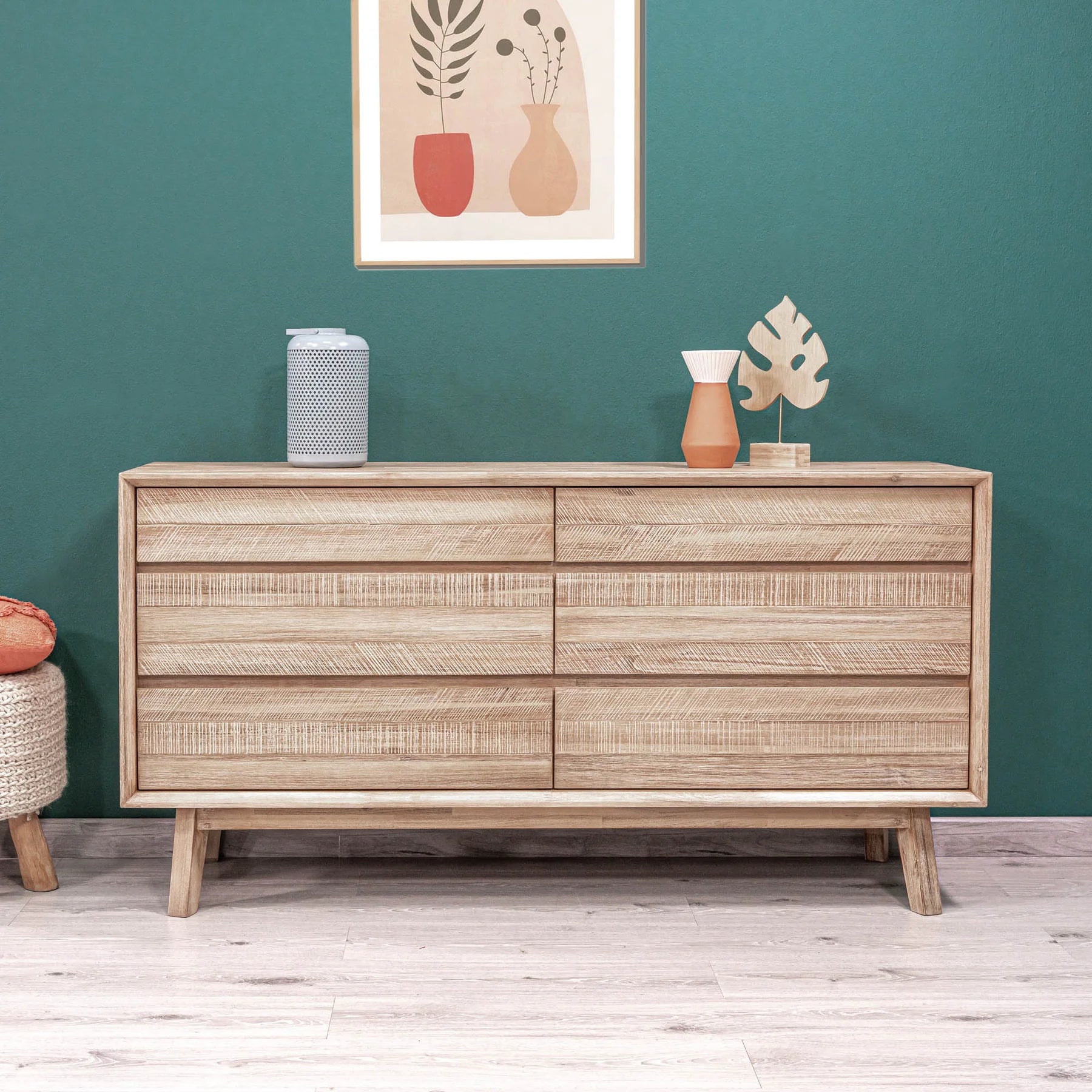 Front view of the Gia 6-drawer dresser featuring a light natural wood finish with a horizontal planked design and minimalist handle-free drawers