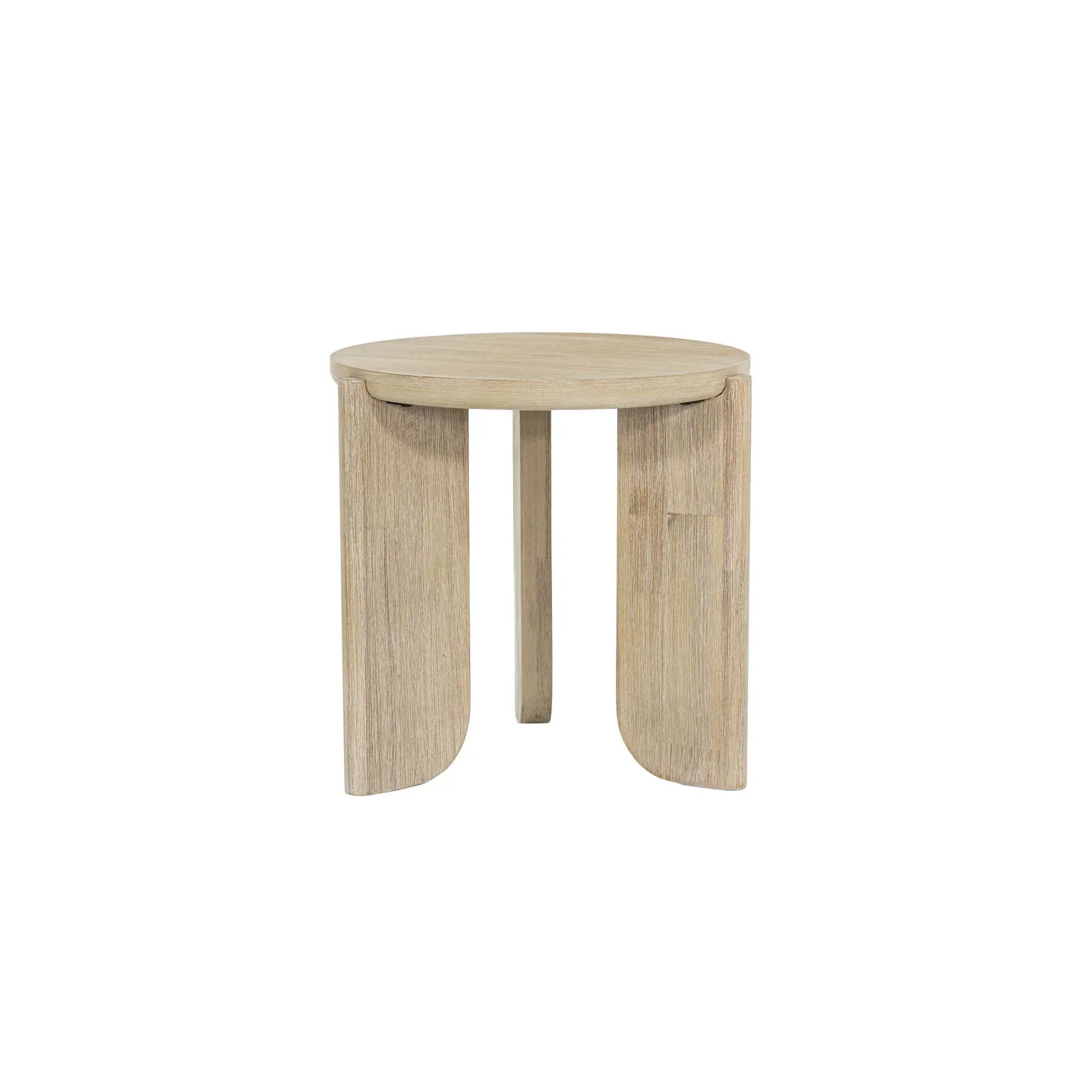Three-quarter perspective view of the Haru side table featuring a circular top and three unique wide arched legs in a light natural oak finish