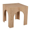 Three-quarter perspective view showcasing the clean geometric lines and flowing arch design of the solid wood accent table