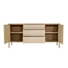 Perspective view with all cabinet doors and drawers open to reveal spacious internal shelving and smooth wood drawer interiors