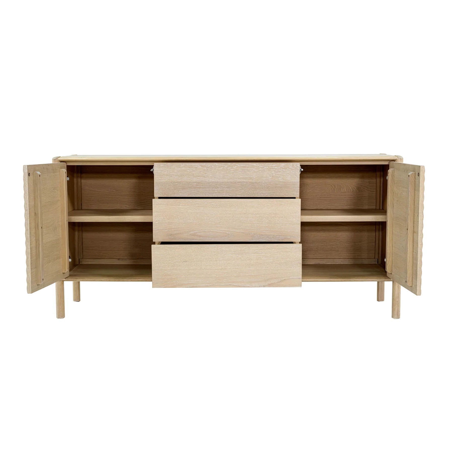 Perspective view with all cabinet doors and drawers open to reveal spacious internal shelving and smooth wood drawer interiors
