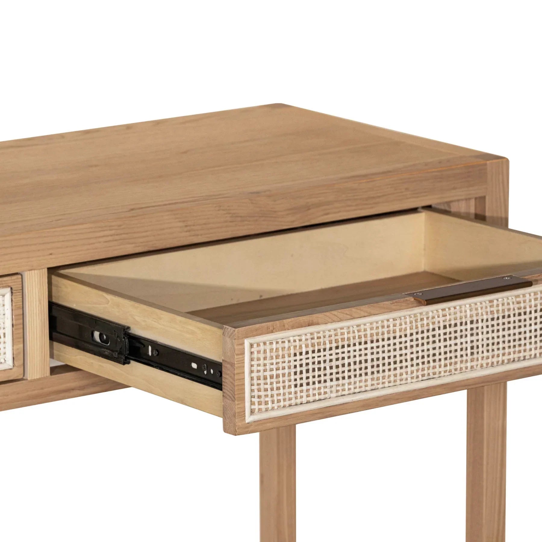 Straight-on front view of a minimalist natural oak console table featuring two drawers with light-colored woven rattan cane inserts