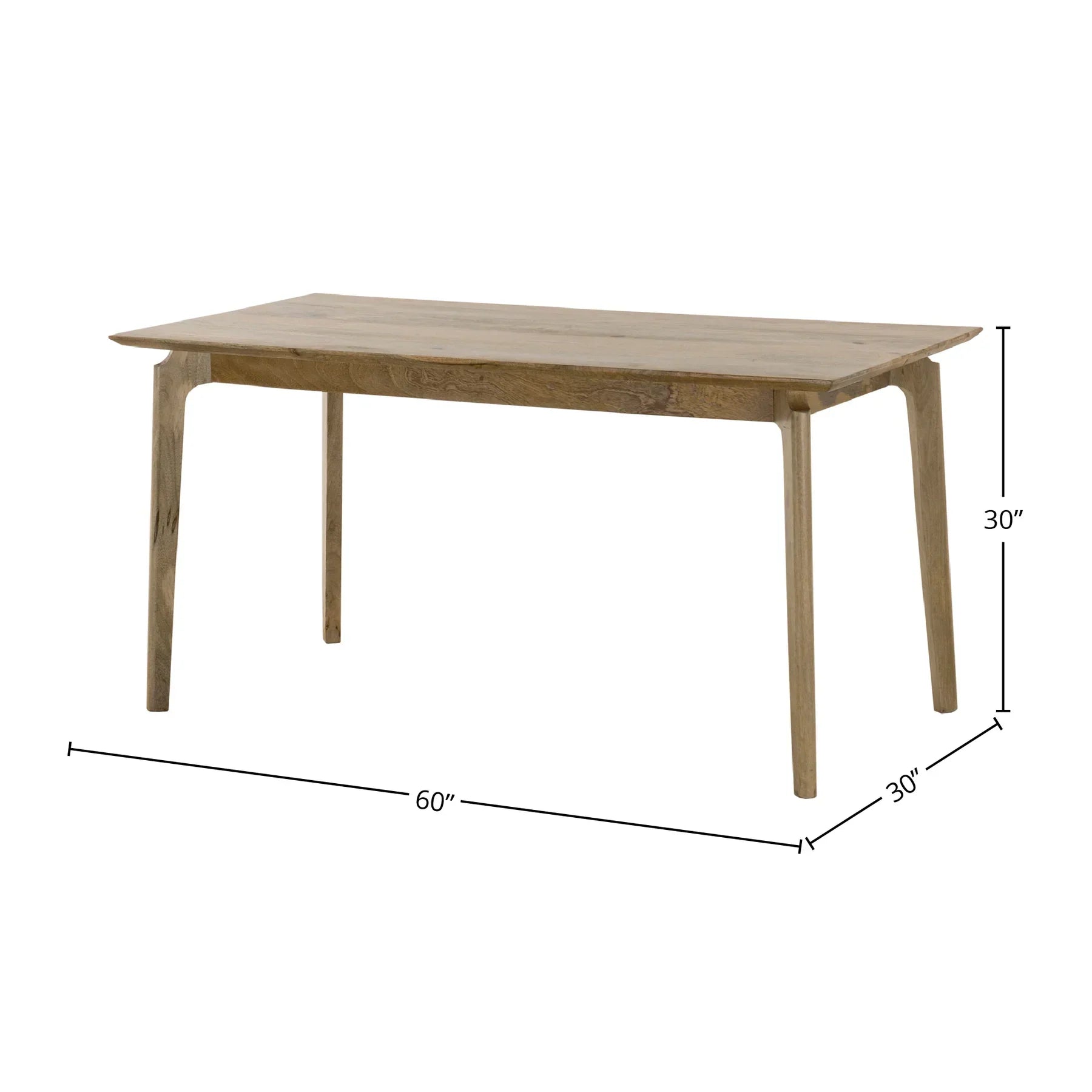 Front view of the Kenzo dining table in a light natural mango wood finish featuring a minimalist rectangular top and rounded tapered legs