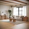 Lifestyle shot featuring the Berg console table styled in a bright, modern living room with a neutral sofa and contemporary decor