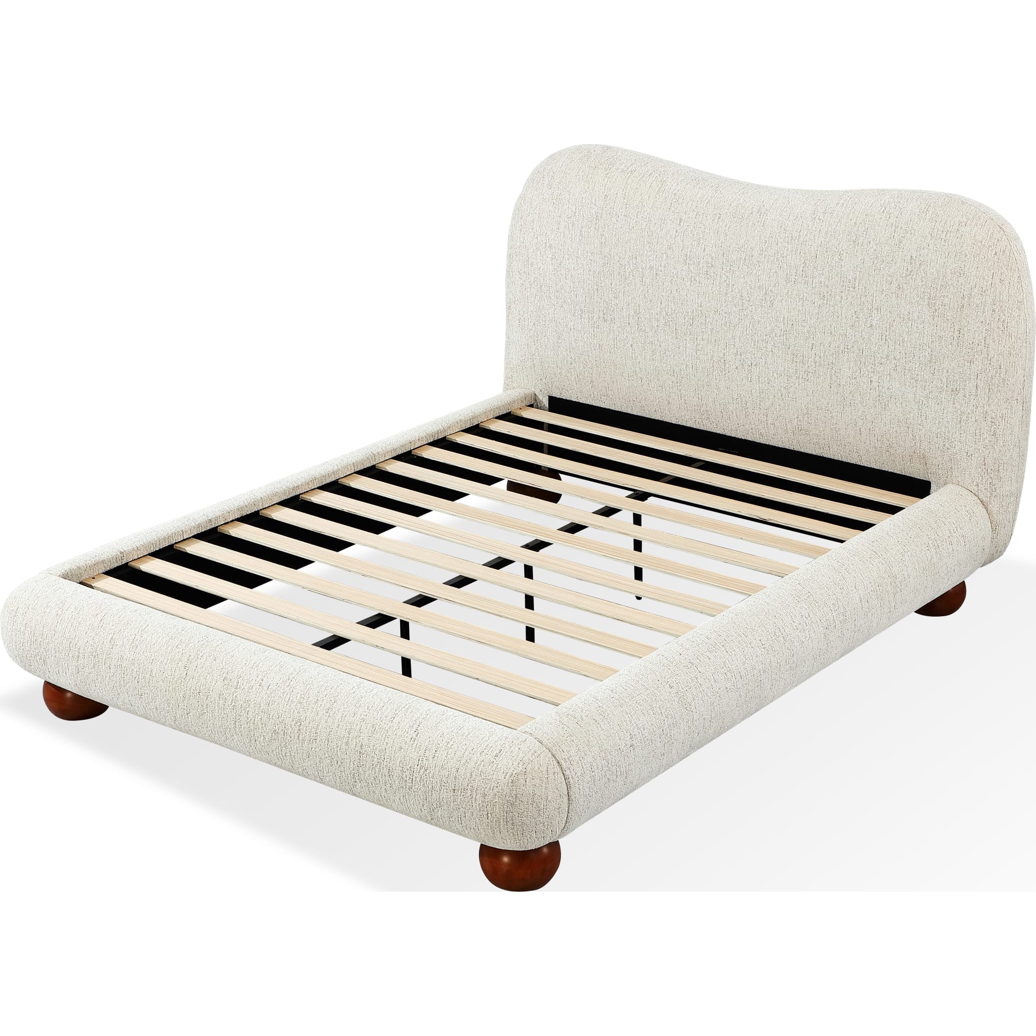 Front view of the Afra upholstered bed featuring a soft cream chenille fabric and a modern wave-shaped rounded headboard