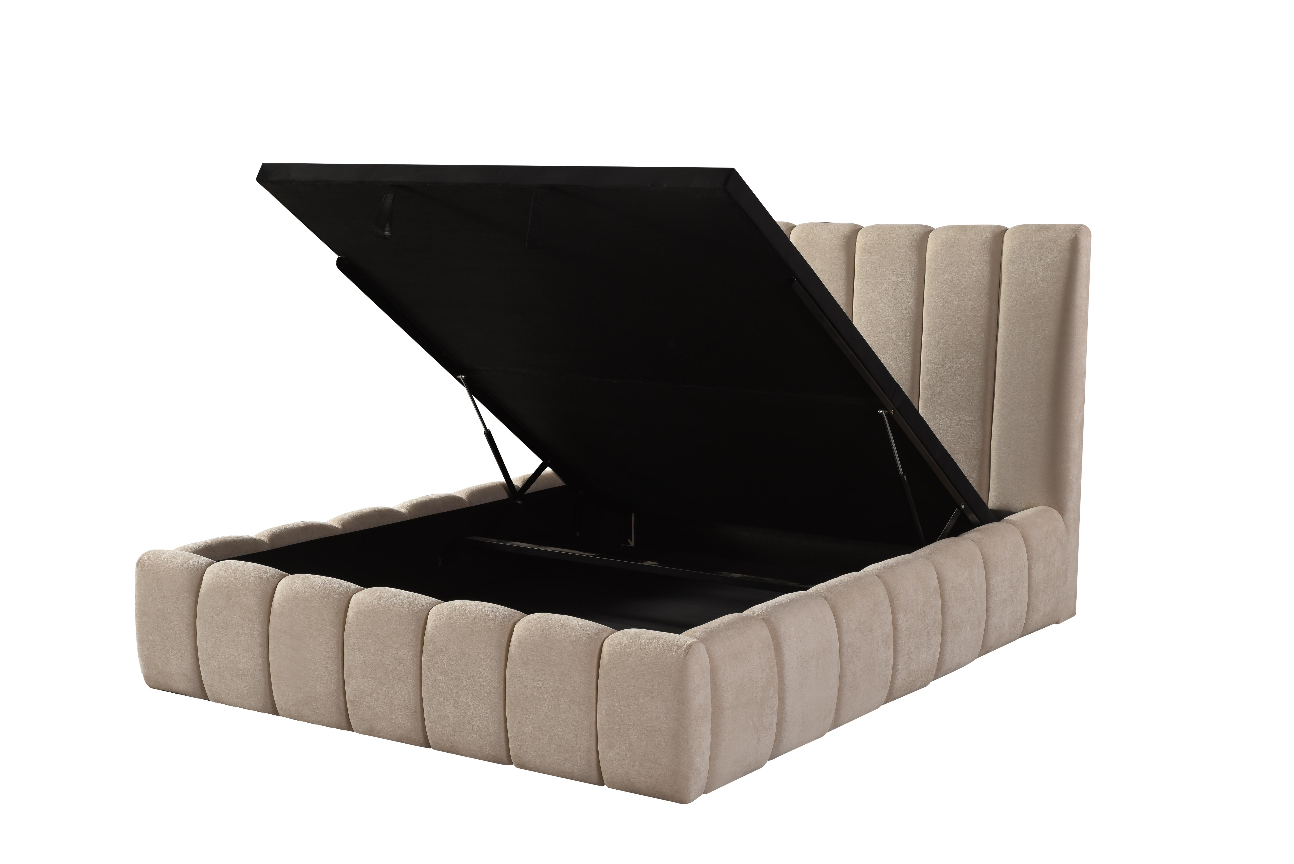 Front view of the Seng upholstered storage bed featuring a cream vertical channel tufted headboard and matching fabric base
