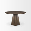 Three-quarter perspective view highlighting the thick circular tabletop and the geometric architectural base