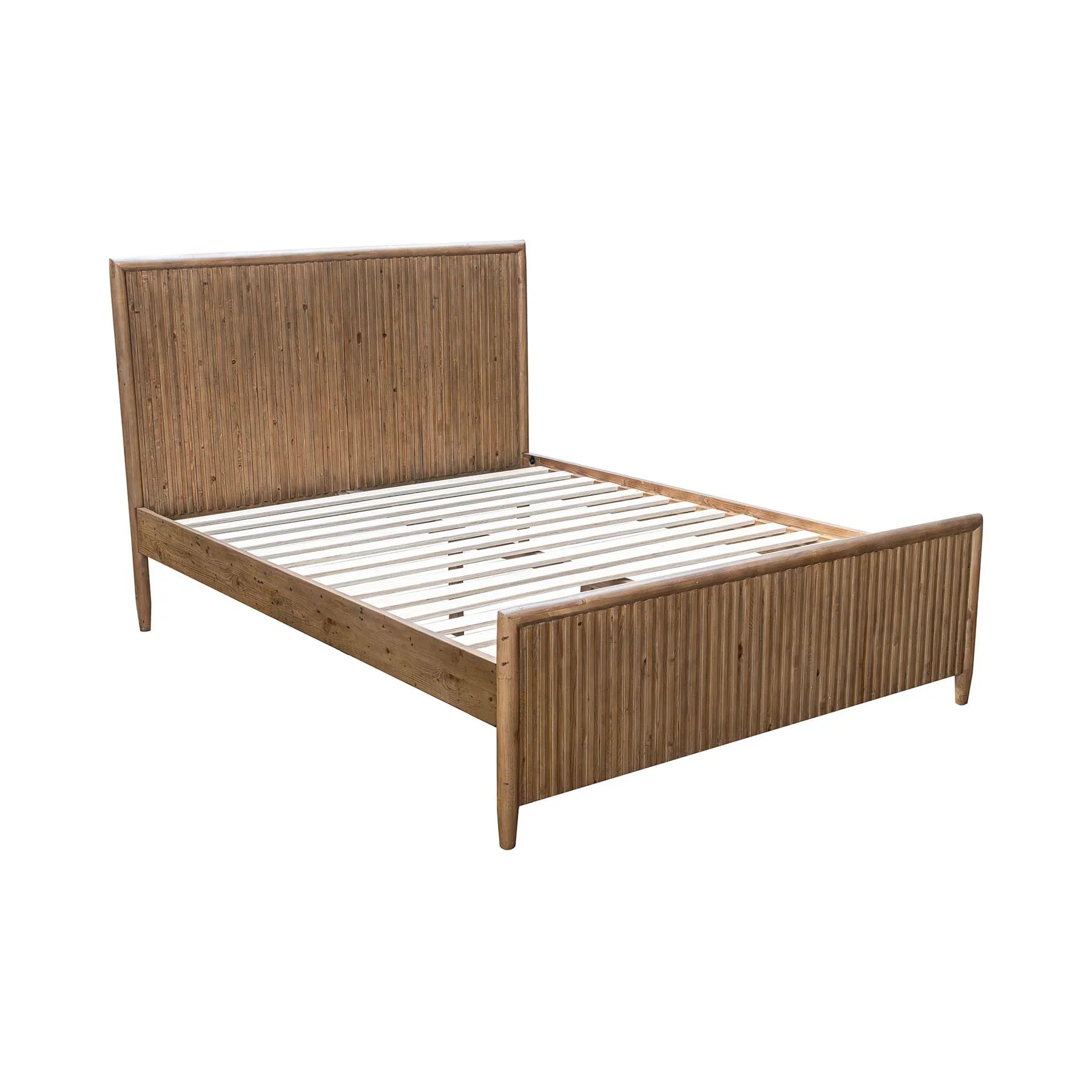 Front view of the Ava king platform bed featuring a tall upholstered headboard in a textured white bouclé fabric