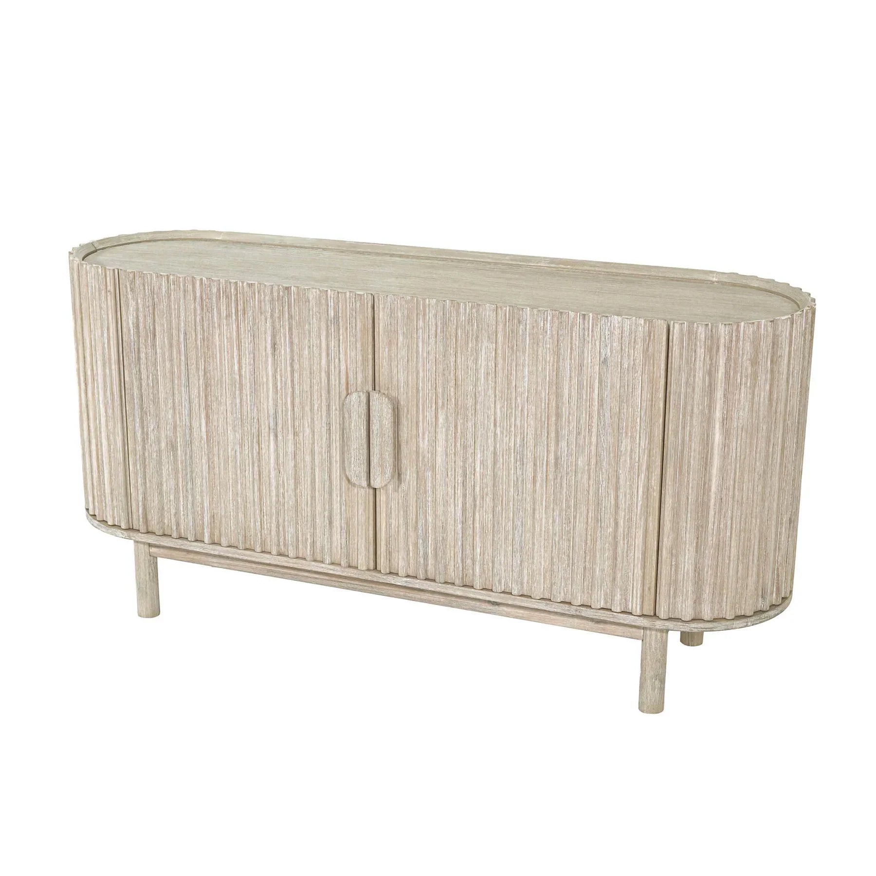 Front perspective view of the Oasis 4-door sideboard featuring a light oak finish, rounded corners, and vertical matte black metal handles