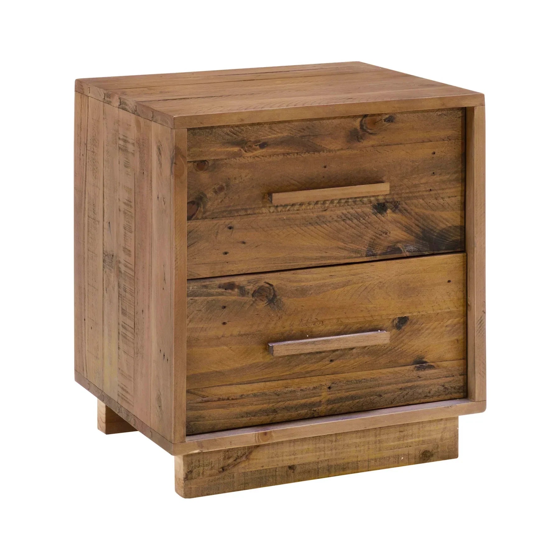 Front view of the Nevada nightstand featuring a textured dark driftwood finish and two spacious drawers with minimalist wood handles