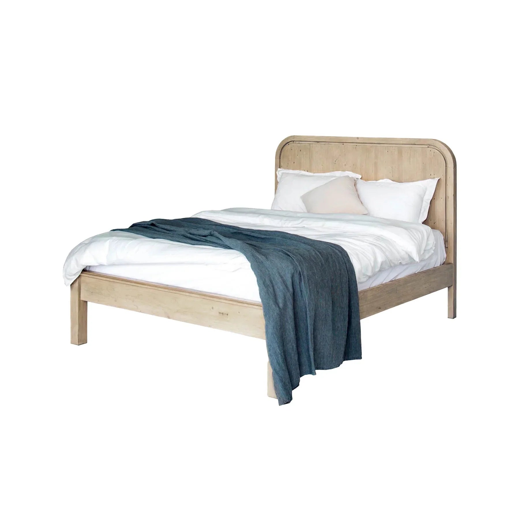 Lifestyle shot featuring the Opera bed styled with white bedding and a blue textured throw in a bright room