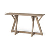 Three-quarter perspective view highlighting the clean lines and sturdy block-style construction of the brown wood console