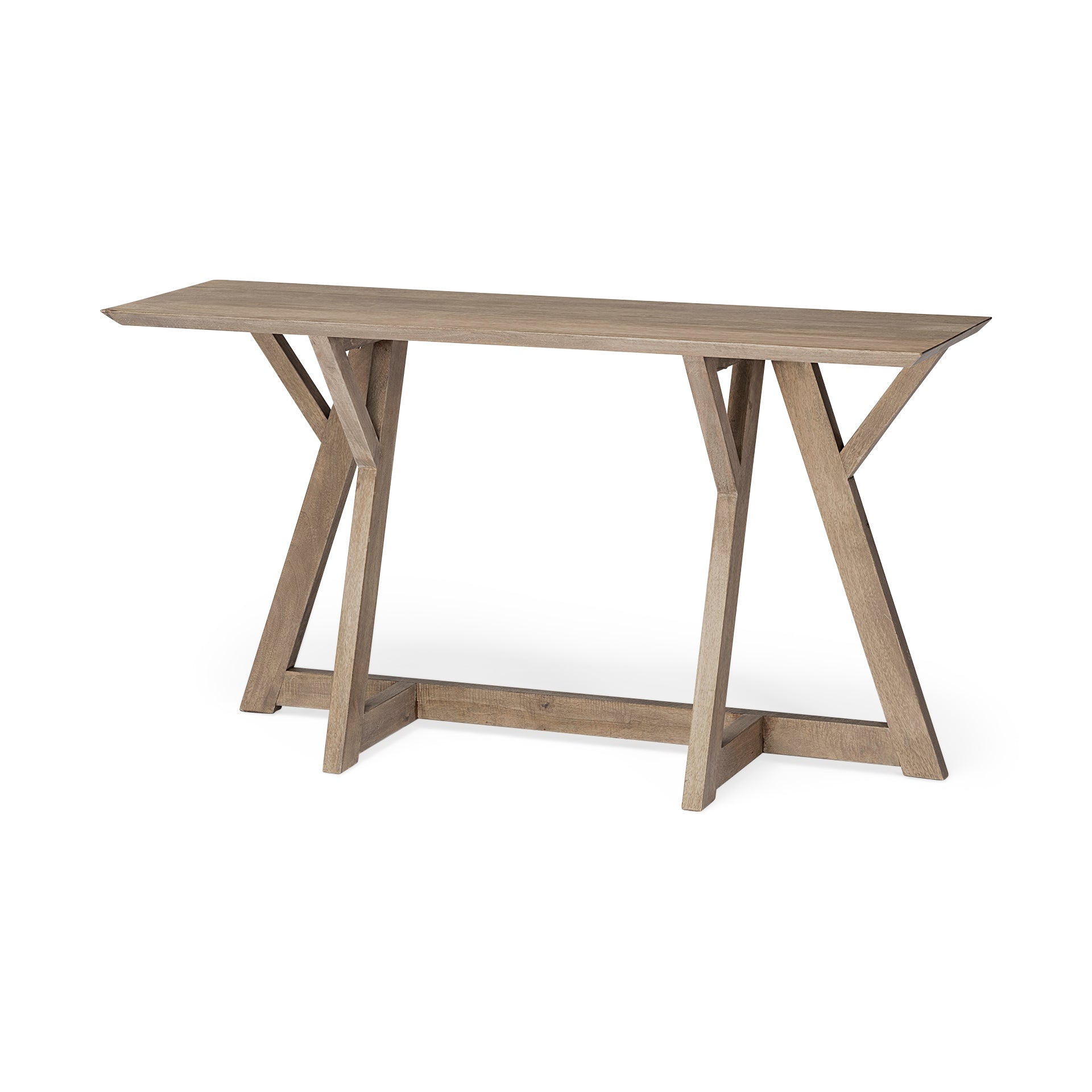 Front view of the Jennings console table in brown wood featuring a minimalist architectural design with unique Y-shaped legs
