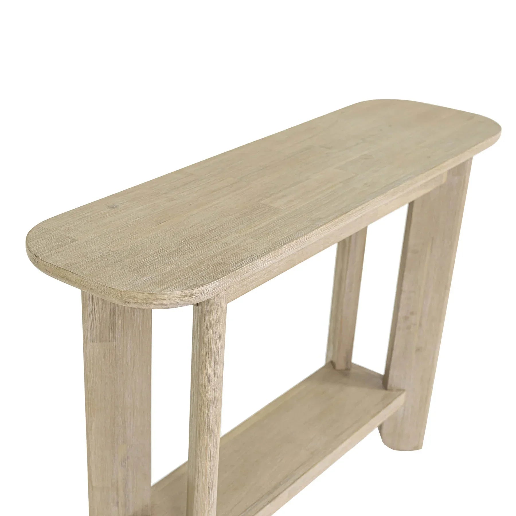 Straight-on front view of the Haru console table featuring a minimalist architectural design in whitewash solid wood