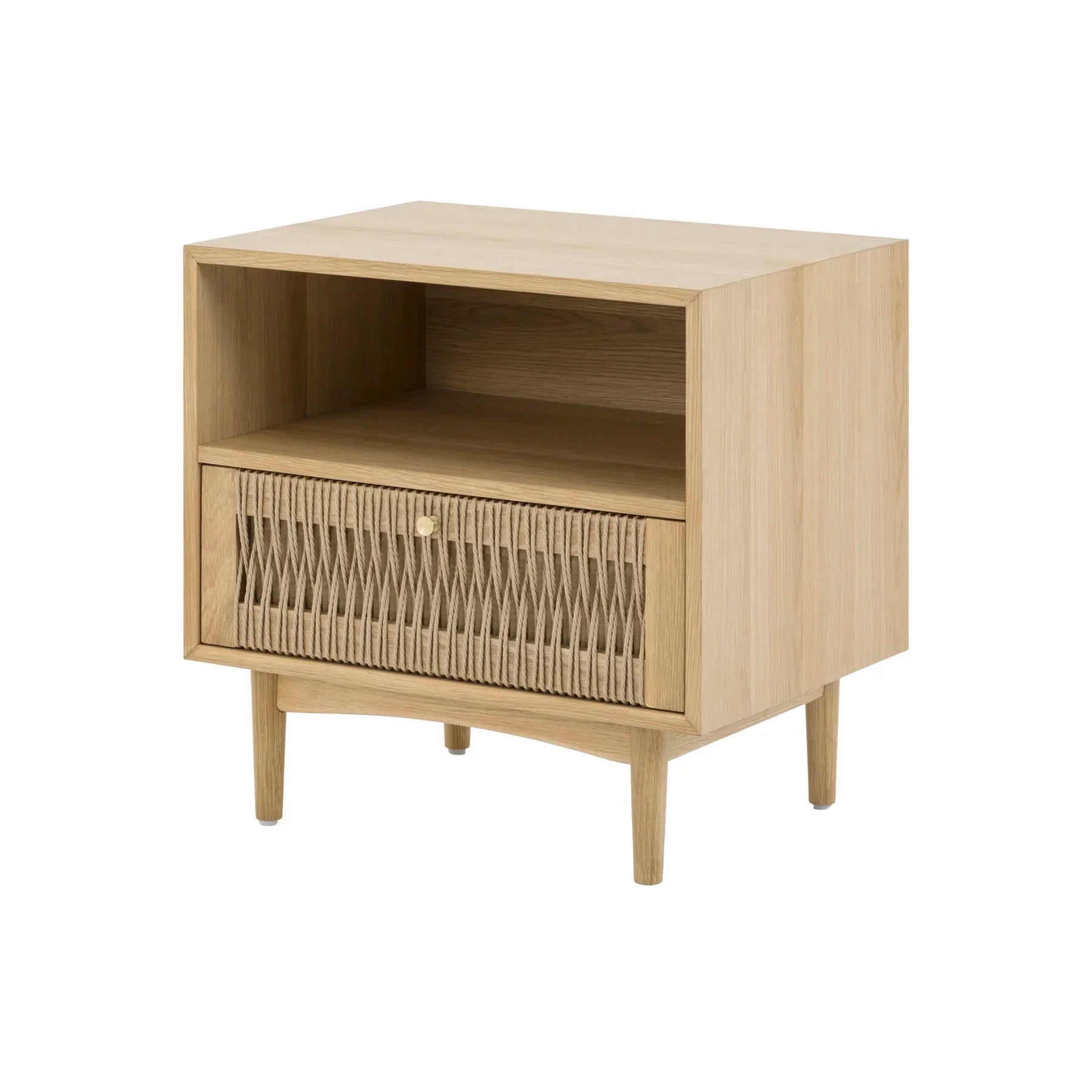 Front view of the Lumina nightstand featuring a light natural ash finish, an open upper shelf, and a unique woven rope drawer front