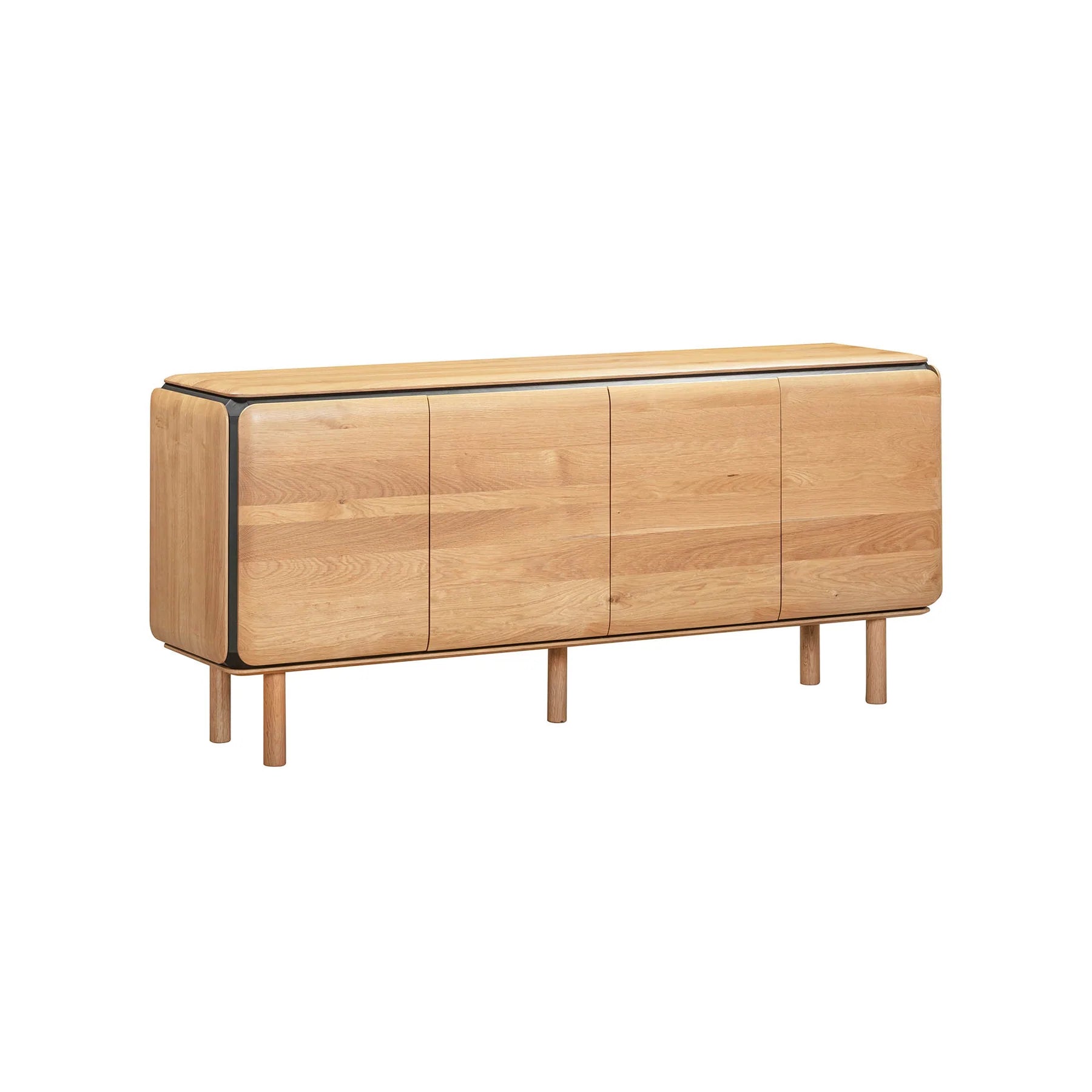 Front perspective view of the Distillery sideboard showcasing the seamless wood grain across four doors and the contrasting black decorative trim
