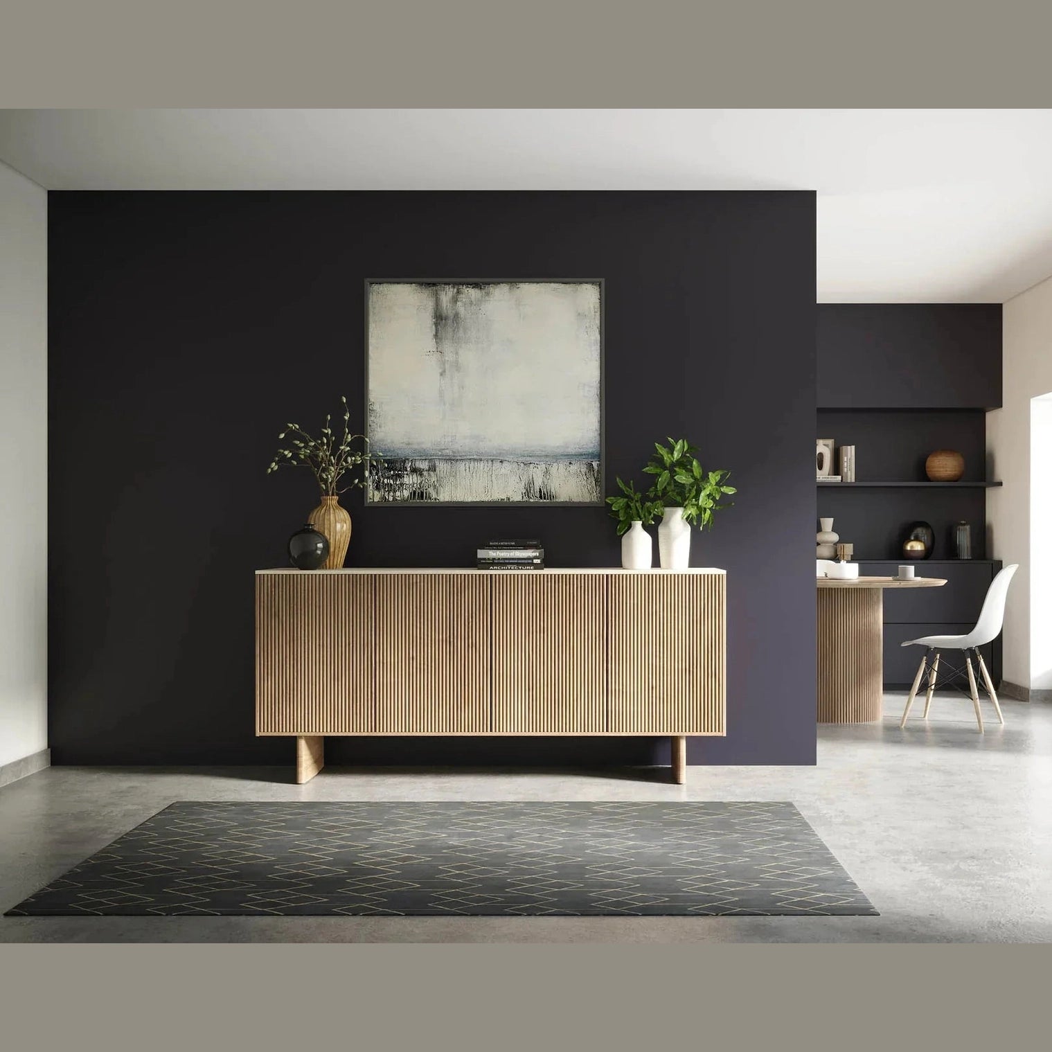 Front perspective view of the Hedron sideboard featuring vertical fluted oak wood panels and a white marble top surface