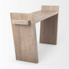Perspective view highlighting the clean lines and sturdy block-style construction of the brown wood console table