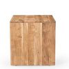 Side profile view emphasizing the solid block-style legs and the seamless architectural flow of the natural wood frame