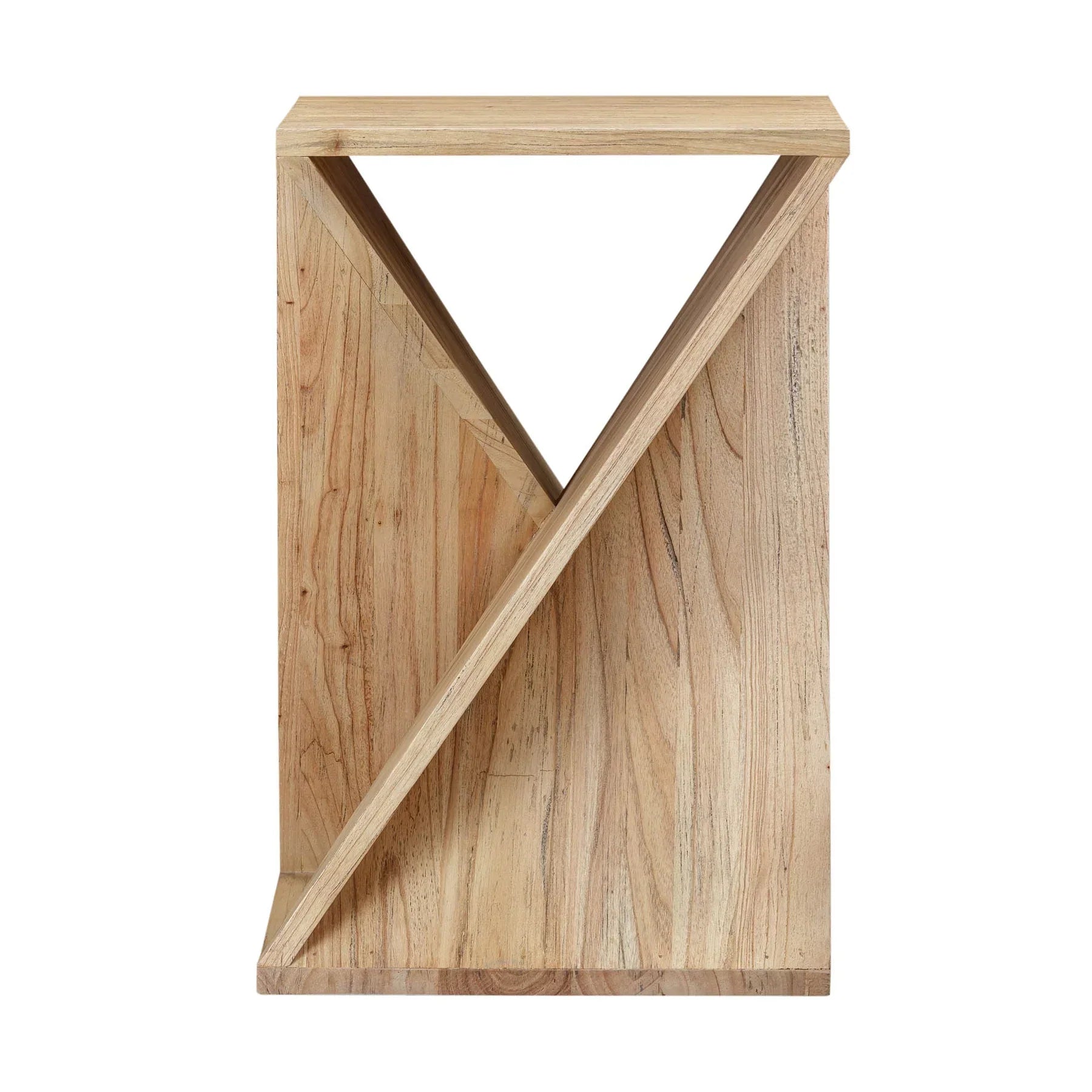 Front view of the Silhouette side table featuring a distinctive twisted sculptural design crafted from solid mindi wood in a warm natural finish