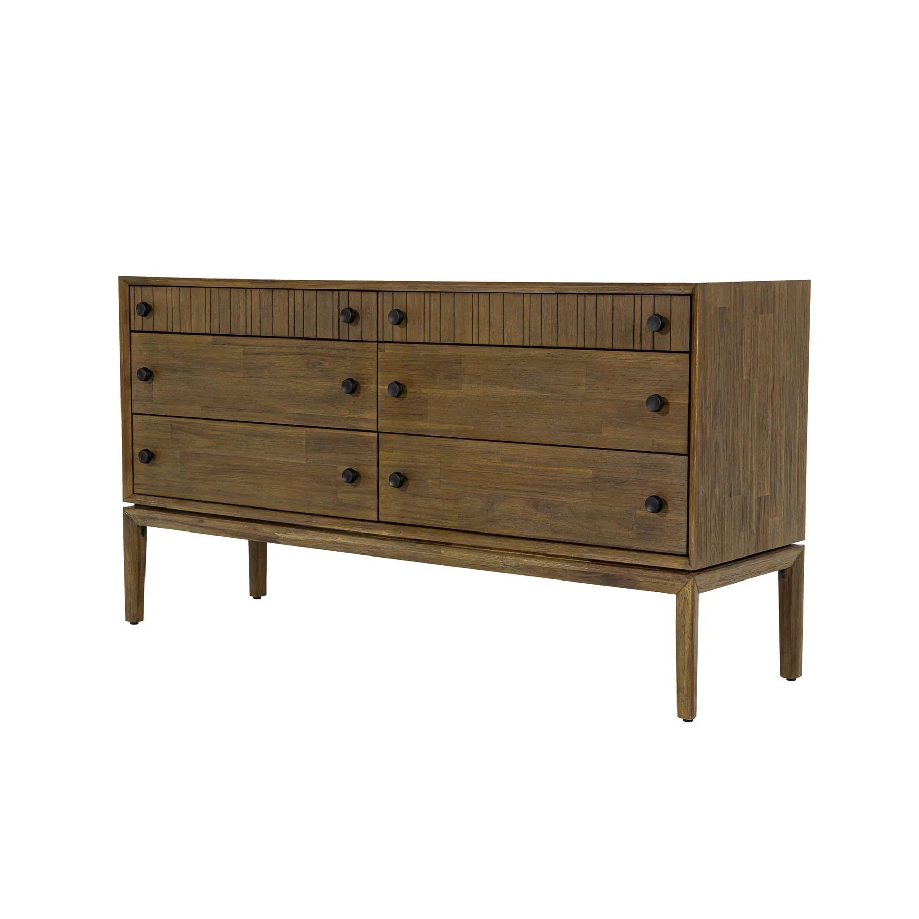 Front view of the West 6-drawer double dresser featuring a rich natural wood finish, dark circular knobs, and top drawers with vertical fluted detailing