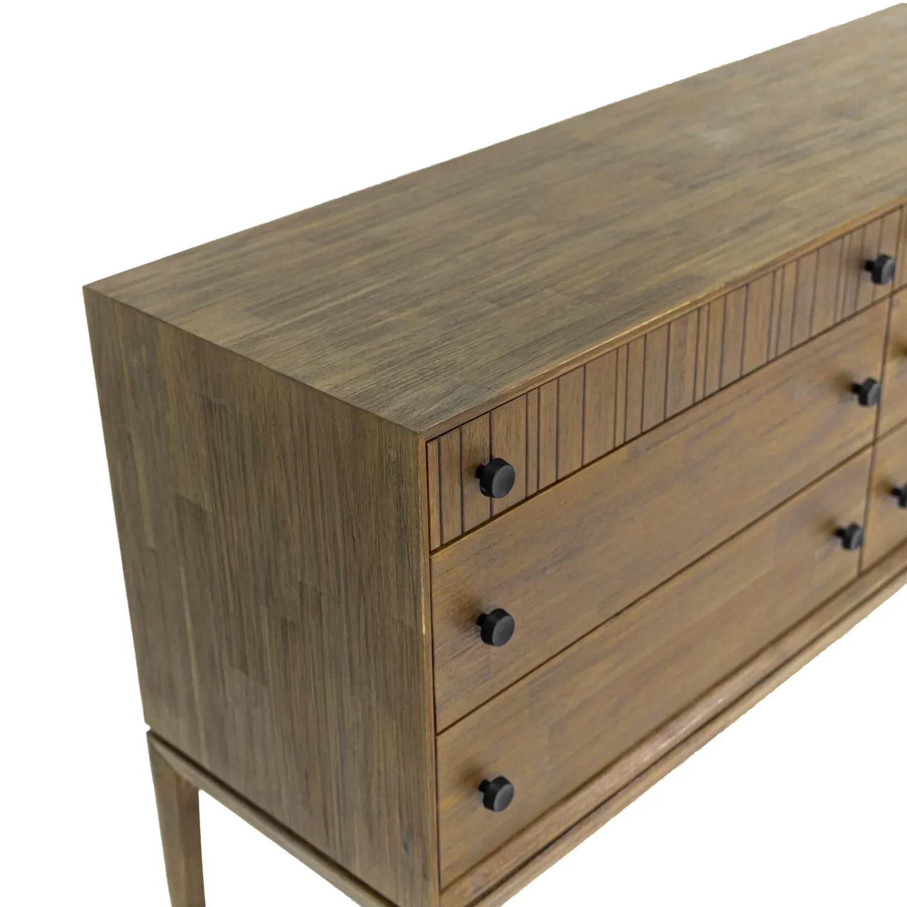 Front view of the West 6-drawer double dresser featuring a rich natural wood finish, dark circular knobs, and top drawers with vertical fluted detailing