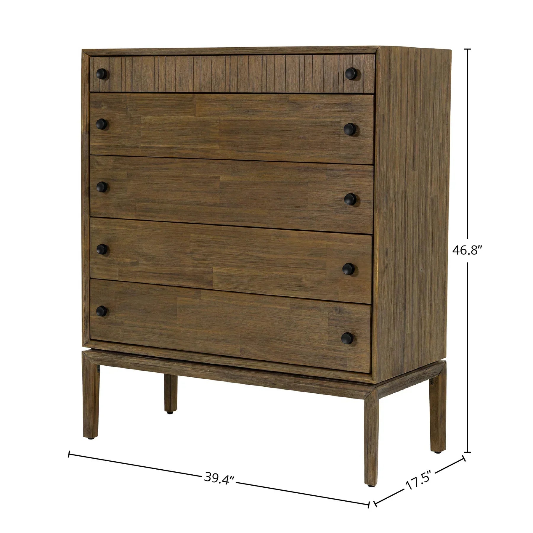Front view of the West 5-drawer vertical chest featuring a rich natural wood finish, dark circular knobs, and a top drawer with vertical fluted detailing