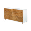 Three-quarter perspective view highlighting the seamless white architectural frame and the radiant wood grain patterns across the six-drawer facade